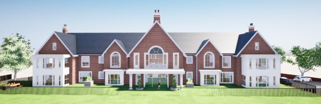 A 3D rendering of a large red brick house, residential home.